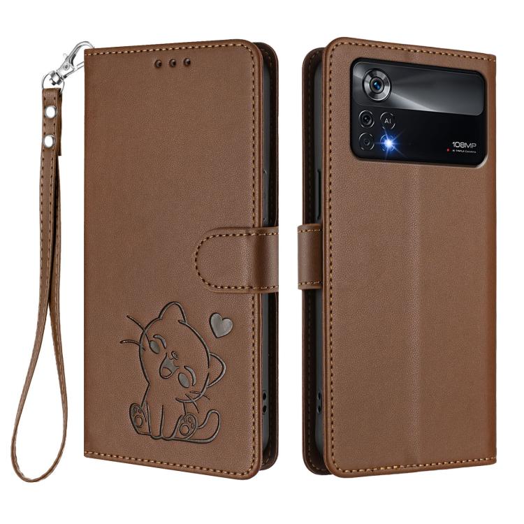 For Xiaomi Poco X4 Pro 5G Embossed Heart Cat Leather Phone Case with Hand Strap