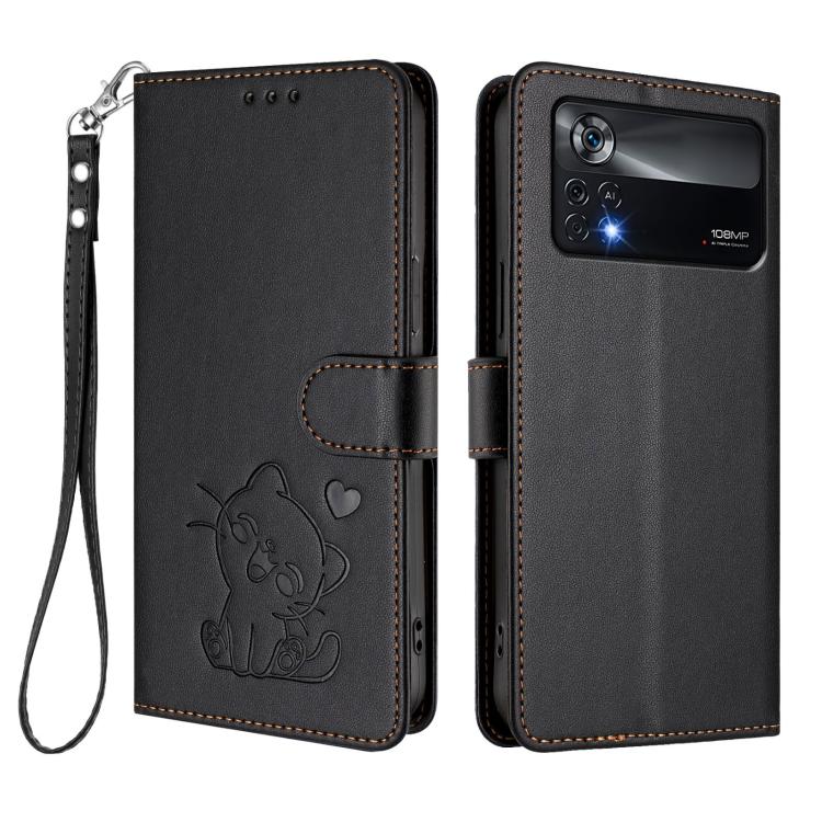 For Xiaomi Poco X4 Pro 5G Embossed Heart Cat Leather Phone Case with Hand Strap