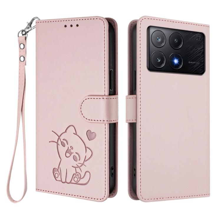 For Xiaomi Poco X6 Pro 5G / Redmi K70E 5G Embossed Heart Cat Leather Phone Case with Hand Strap
