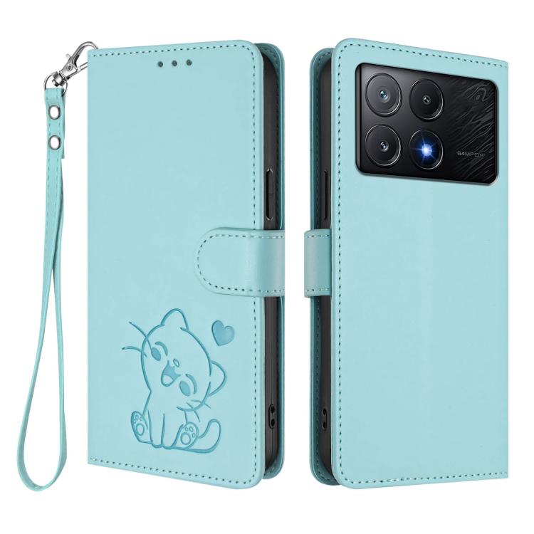 For Xiaomi Poco X6 Pro 5G / Redmi K70E 5G Embossed Heart Cat Leather Phone Case with Hand Strap