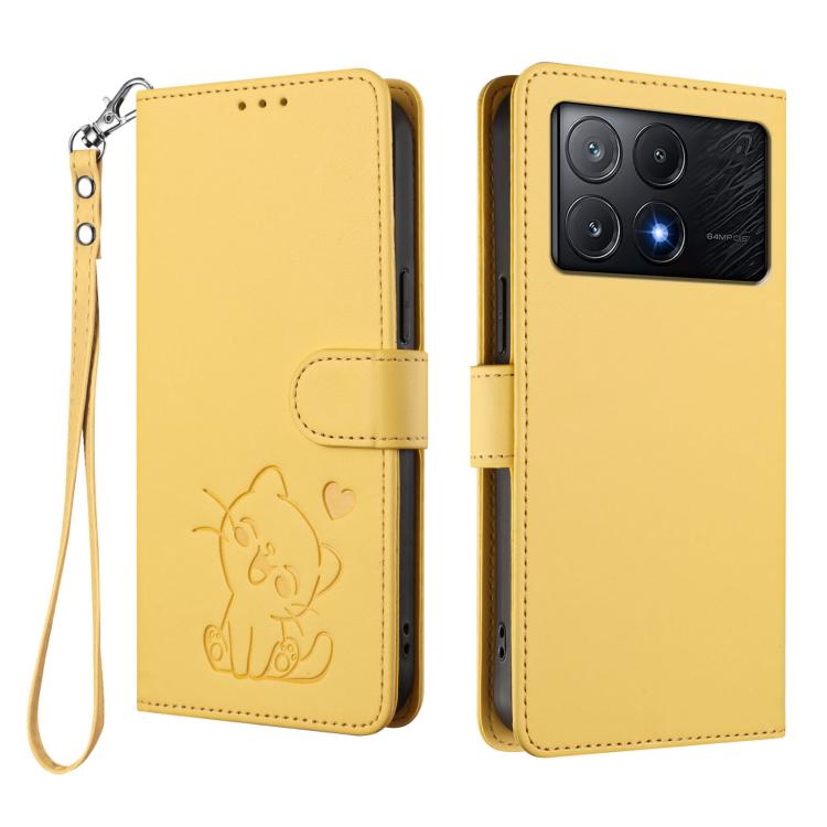 For Xiaomi Poco X6 Pro 5G / Redmi K70E 5G Embossed Heart Cat Leather Phone Case with Hand Strap