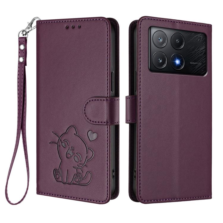 For Xiaomi Poco X6 Pro 5G / Redmi K70E 5G Embossed Heart Cat Leather Phone Case with Hand Strap