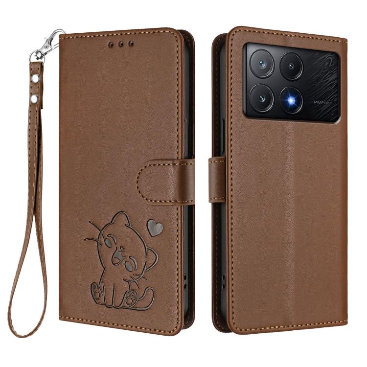 For Xiaomi Poco X6 Pro 5G / Redmi K70E 5G Embossed Heart Cat Leather Phone Case with Hand Strap