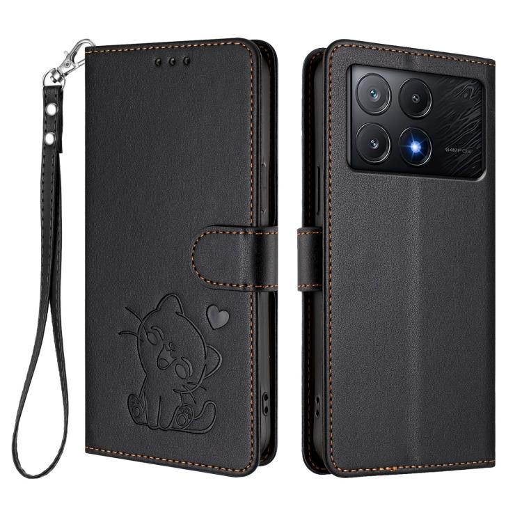 For Xiaomi Poco X6 Pro 5G / Redmi K70E 5G Embossed Heart Cat Leather Phone Case with Hand Strap