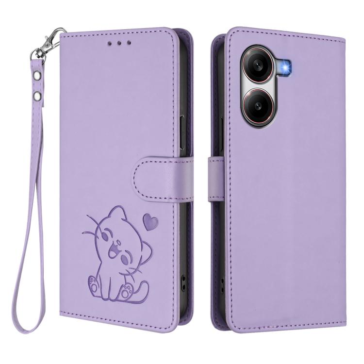 For Xiaomi Poco X7 Pro 5G / Redmi Turbo 4 5G Embossed Heart Cat Leather Phone Case with Hand Strap