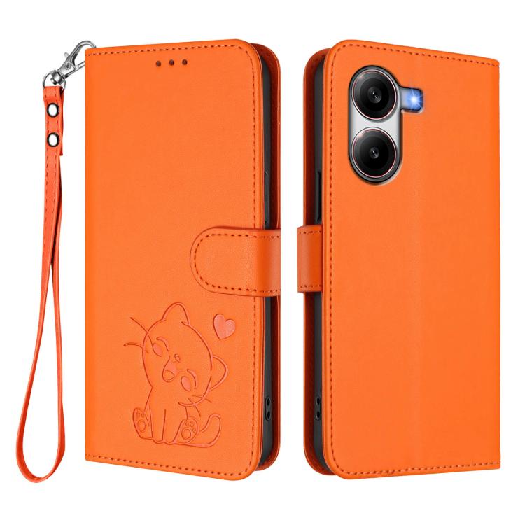 For Xiaomi Poco X7 Pro 5G / Redmi Turbo 4 5G Embossed Heart Cat Leather Phone Case with Hand Strap