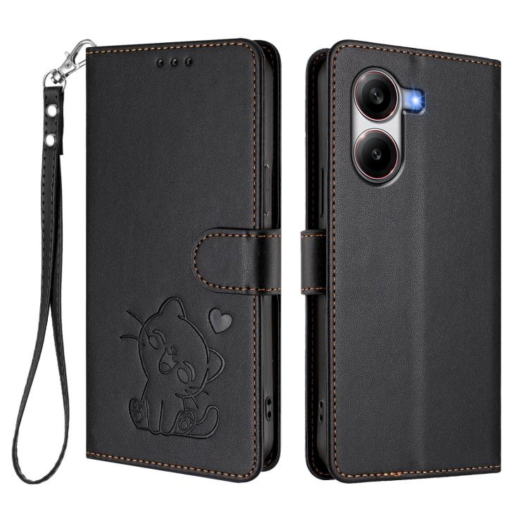 For Xiaomi Poco X7 Pro 5G / Redmi Turbo 4 5G Embossed Heart Cat Leather Phone Case with Hand Strap