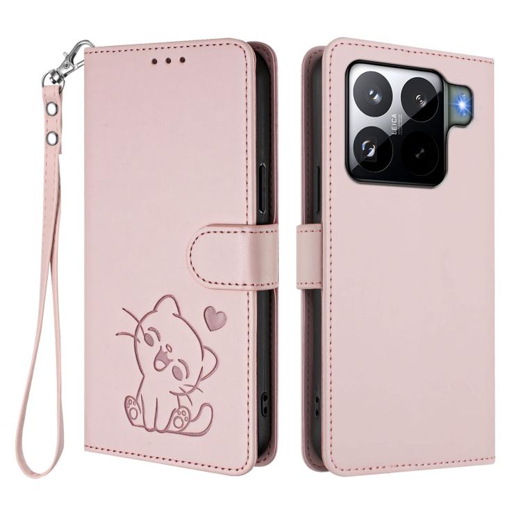 For Xiaomi 15S Pro 5G Embossed Heart Cat Leather Phone Case with Hand Strap