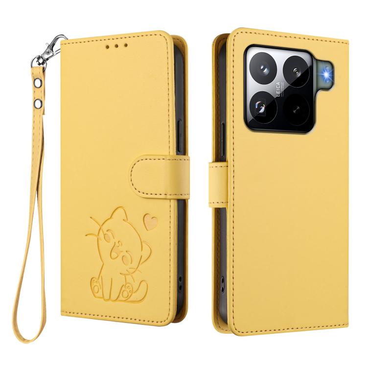 For Xiaomi 15S Pro 5G Embossed Heart Cat Leather Phone Case with Hand Strap
