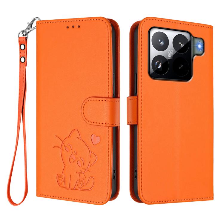 For Xiaomi 15S Pro 5G Embossed Heart Cat Leather Phone Case with Hand Strap