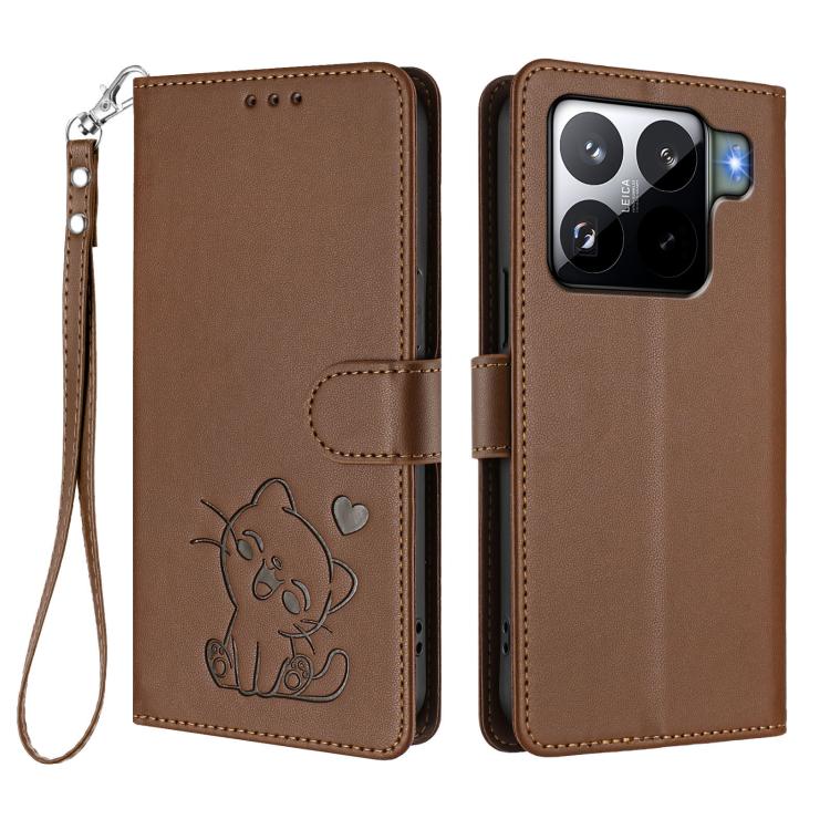 For Xiaomi 15S Pro 5G Embossed Heart Cat Leather Phone Case with Hand Strap
