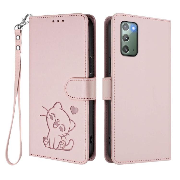 For Samsung Galaxy Note20 Embossed Heart Cat Leather Phone Case with Hand Strap