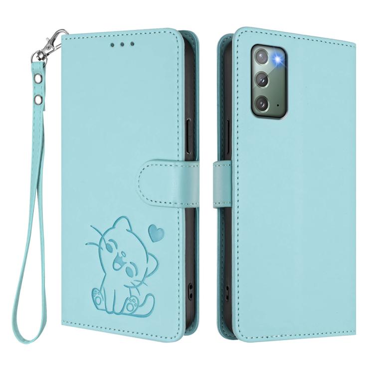 For Samsung Galaxy Note20 Embossed Heart Cat Leather Phone Case with Hand Strap