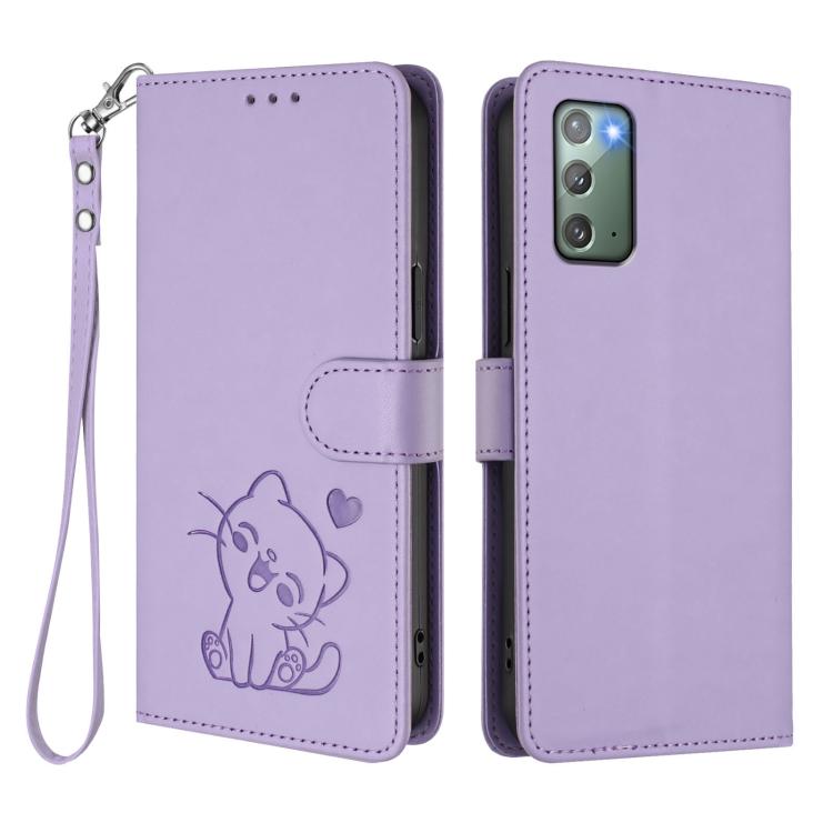 For Samsung Galaxy Note20 Embossed Heart Cat Leather Phone Case with Hand Strap
