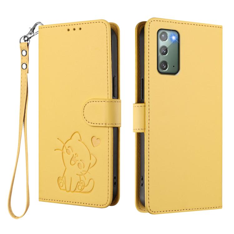 For Samsung Galaxy Note20 Embossed Heart Cat Leather Phone Case with Hand Strap