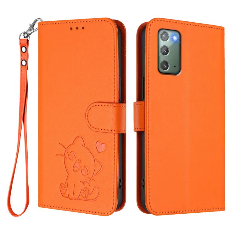 For Samsung Galaxy Note20 Embossed Heart Cat Leather Phone Case with Hand Strap