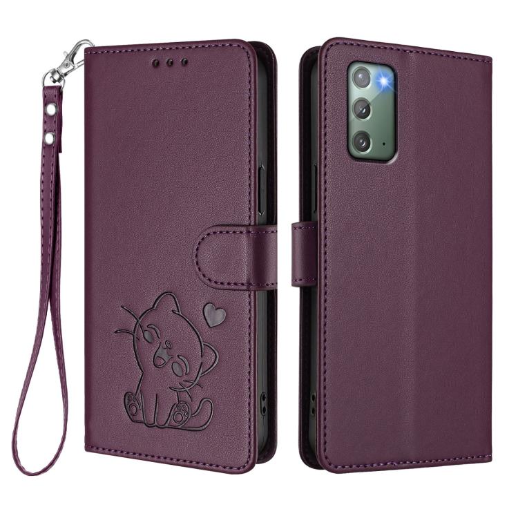 For Samsung Galaxy Note20 Embossed Heart Cat Leather Phone Case with Hand Strap