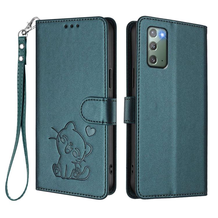 For Samsung Galaxy Note20 Embossed Heart Cat Leather Phone Case with Hand Strap