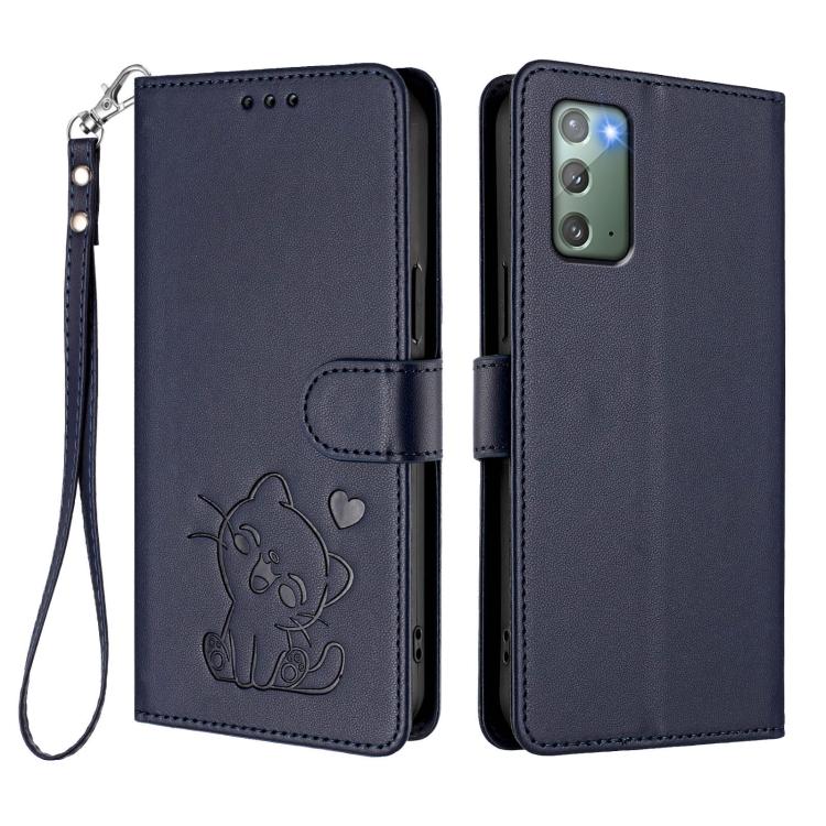 For Samsung Galaxy Note20 Embossed Heart Cat Leather Phone Case with Hand Strap