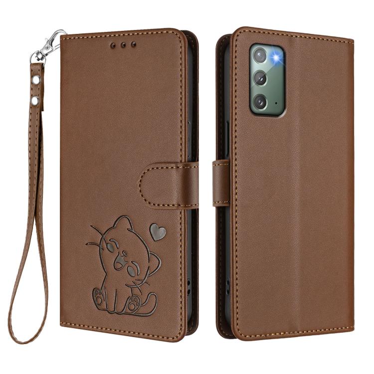 For Samsung Galaxy Note20 Embossed Heart Cat Leather Phone Case with Hand Strap