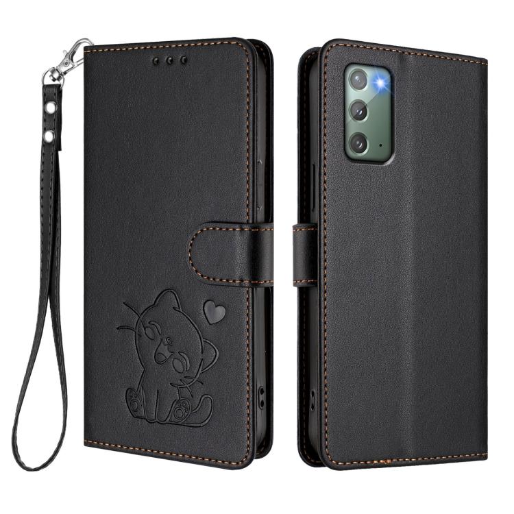 For Samsung Galaxy Note20 Embossed Heart Cat Leather Phone Case with Hand Strap