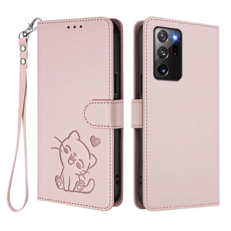 For Samsung Galaxy Note20 Ultra Embossed Heart Cat Leather Phone Case with Hand Strap