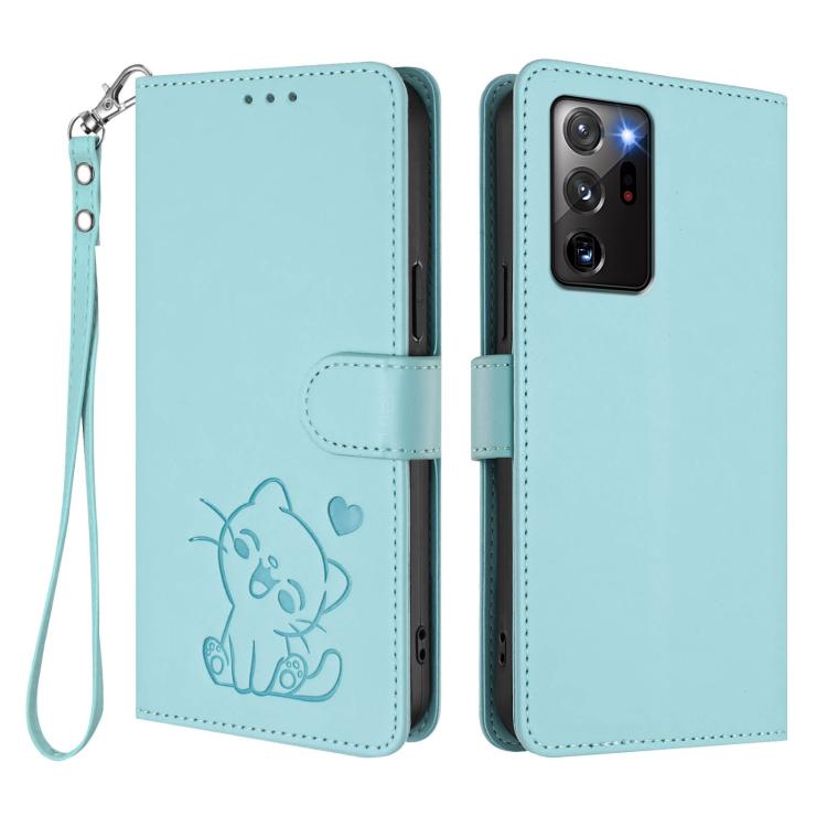 For Samsung Galaxy Note20 Ultra Embossed Heart Cat Leather Phone Case with Hand Strap