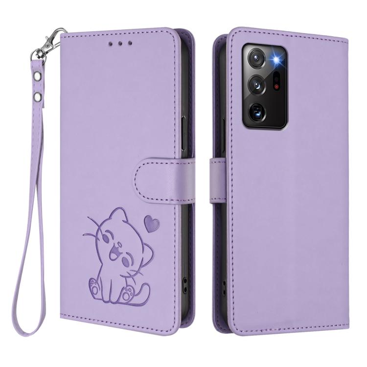 For Samsung Galaxy Note20 Ultra Embossed Heart Cat Leather Phone Case with Hand Strap
