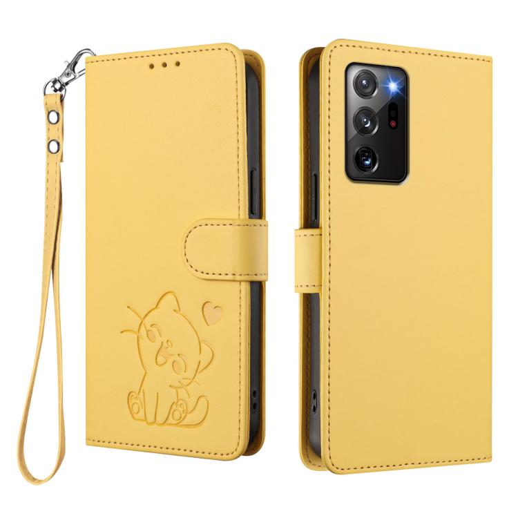 For Samsung Galaxy Note20 Ultra Embossed Heart Cat Leather Phone Case with Hand Strap