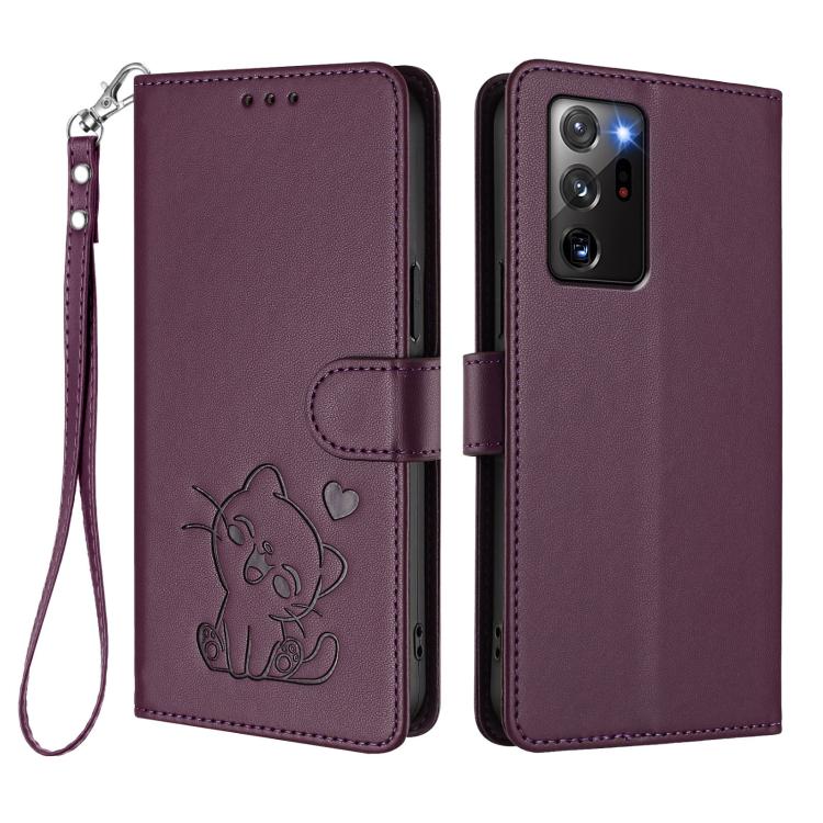 For Samsung Galaxy Note20 Ultra Embossed Heart Cat Leather Phone Case with Hand Strap