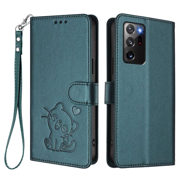 For Samsung Galaxy Note20 Ultra Embossed Heart Cat Leather Phone Case with Hand Strap