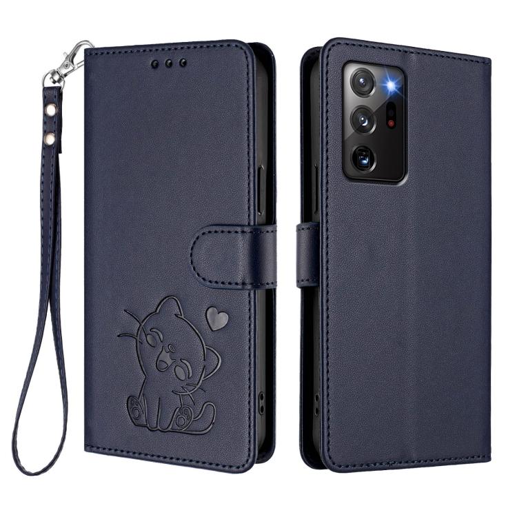 For Samsung Galaxy Note20 Ultra Embossed Heart Cat Leather Phone Case with Hand Strap