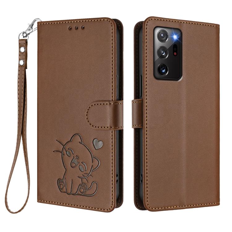 For Samsung Galaxy Note20 Ultra Embossed Heart Cat Leather Phone Case with Hand Strap