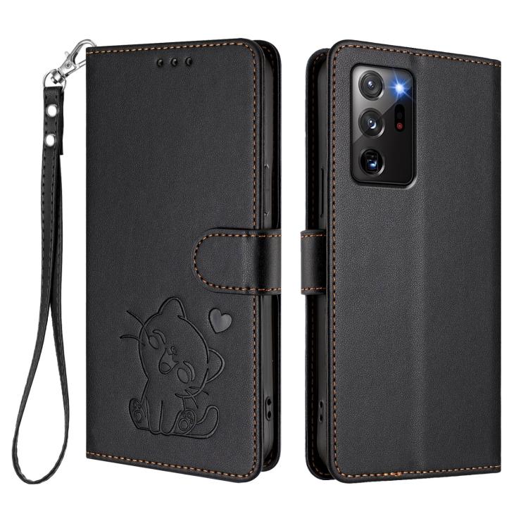 For Samsung Galaxy Note20 Ultra Embossed Heart Cat Leather Phone Case with Hand Strap