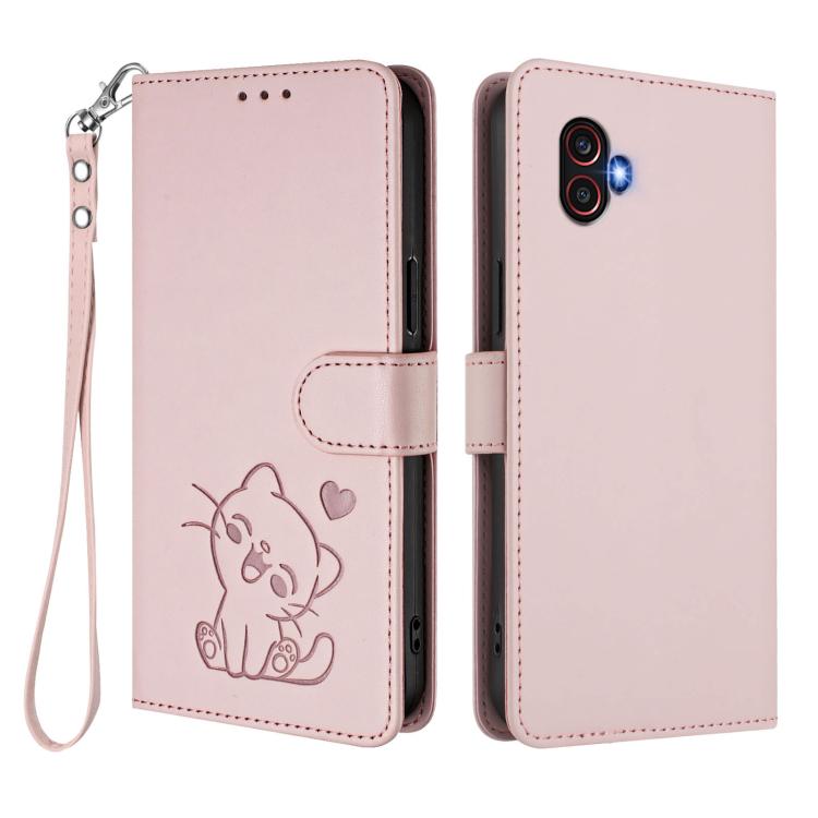 For Samsung Galaxy XCover6 Pro Embossed Heart Cat Leather Phone Case with Hand Strap
