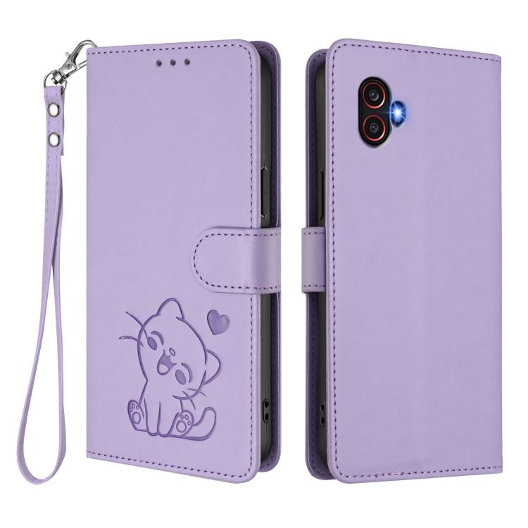 For Samsung Galaxy XCover6 Pro Embossed Heart Cat Leather Phone Case with Hand Strap