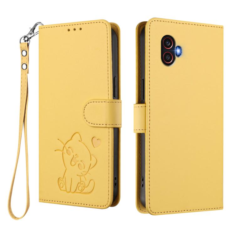 For Samsung Galaxy XCover6 Pro Embossed Heart Cat Leather Phone Case with Hand Strap