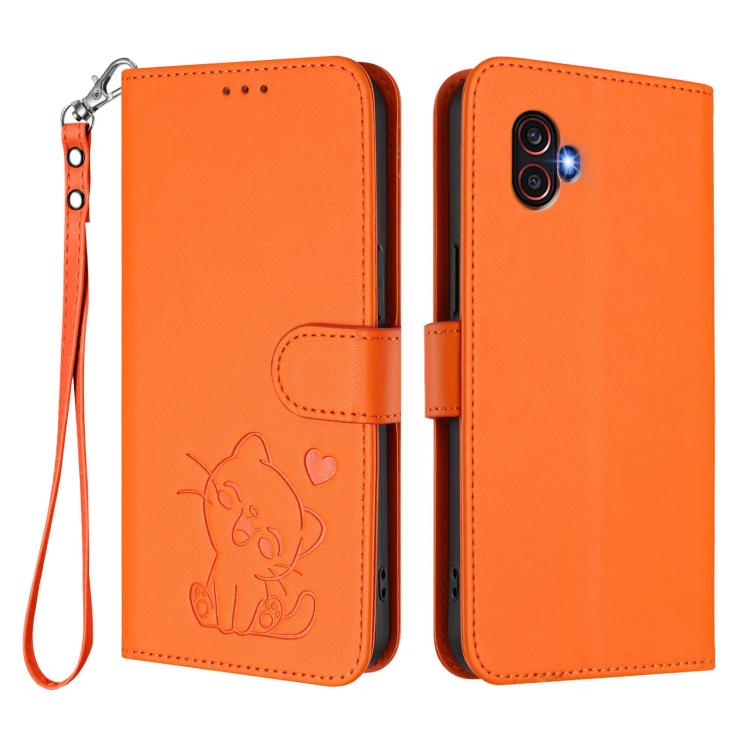 For Samsung Galaxy XCover6 Pro Embossed Heart Cat Leather Phone Case with Hand Strap