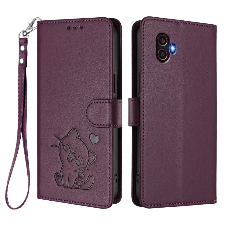 For Samsung Galaxy XCover6 Pro Embossed Heart Cat Leather Phone Case with Hand Strap