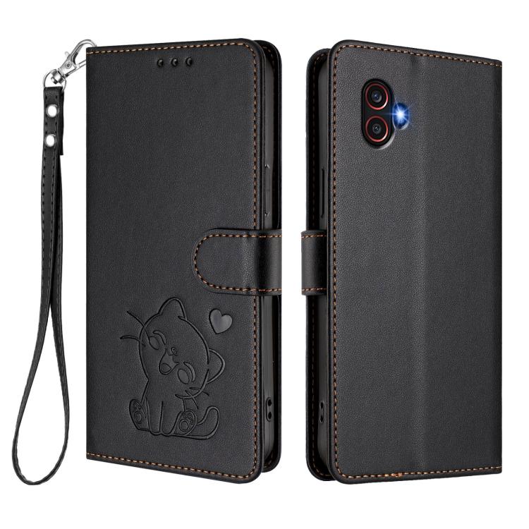 For Samsung Galaxy XCover6 Pro Embossed Heart Cat Leather Phone Case with Hand Strap