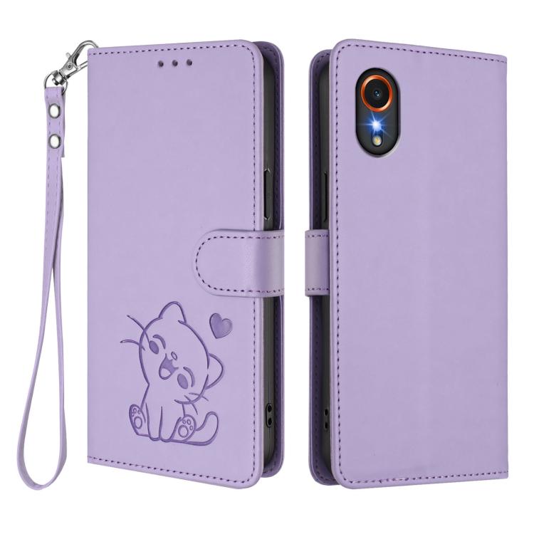 For Samsung Galaxy XCover7 5G Embossed Heart Cat Leather Phone Case with Hand Strap