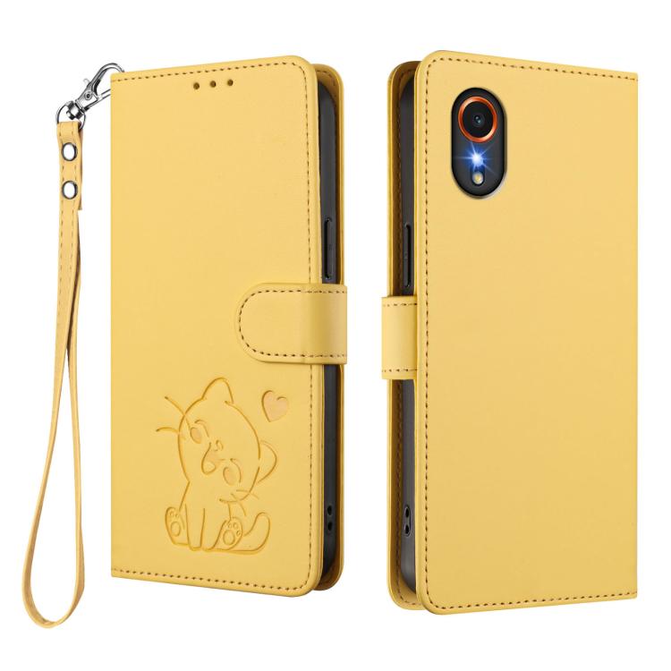 For Samsung Galaxy XCover7 5G Embossed Heart Cat Leather Phone Case with Hand Strap