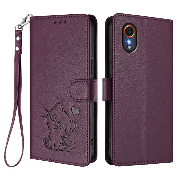 For Samsung Galaxy XCover7 5G Embossed Heart Cat Leather Phone Case with Hand Strap