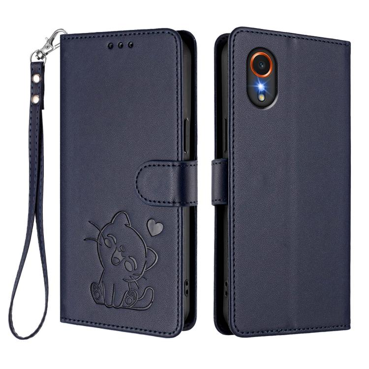 For Samsung Galaxy XCover7 5G Embossed Heart Cat Leather Phone Case with Hand Strap