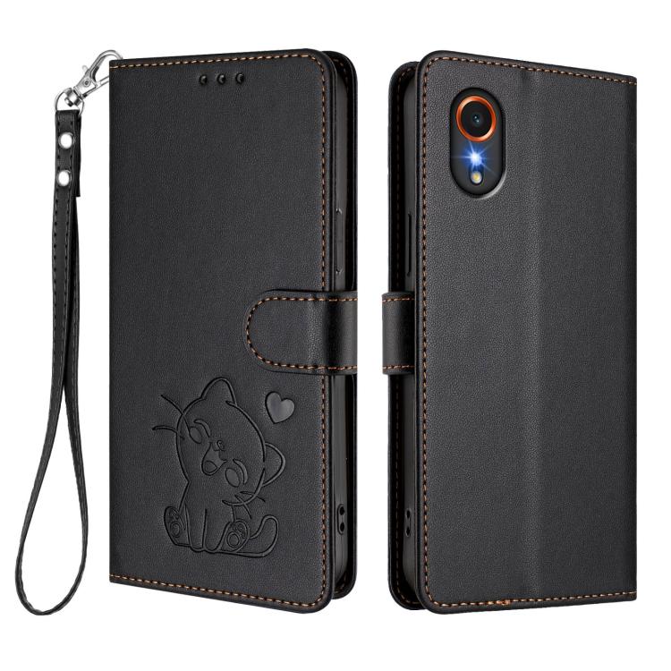 For Samsung Galaxy XCover7 5G Embossed Heart Cat Leather Phone Case with Hand Strap