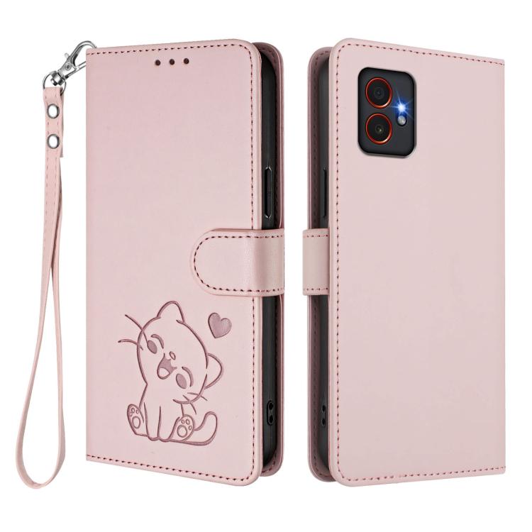 For Samsung Galaxy XCover7 Pro Embossed Heart Cat Leather Phone Case with Hand Strap