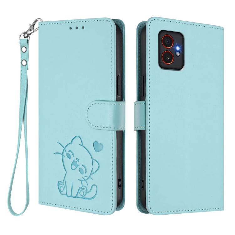 For Samsung Galaxy XCover7 Pro Embossed Heart Cat Leather Phone Case with Hand Strap