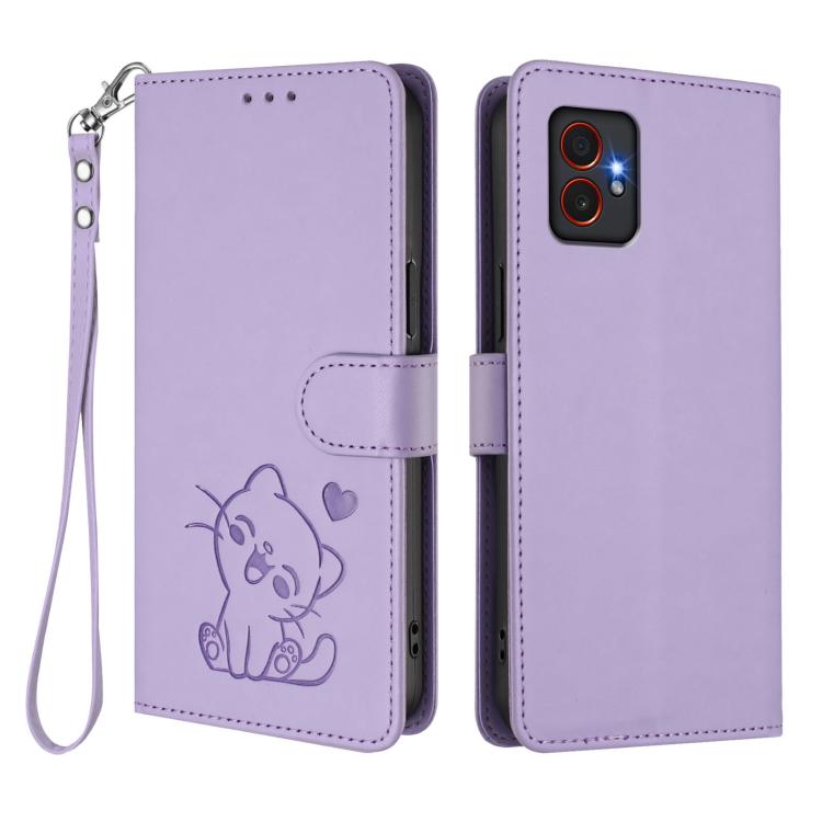 For Samsung Galaxy XCover7 Pro Embossed Heart Cat Leather Phone Case with Hand Strap
