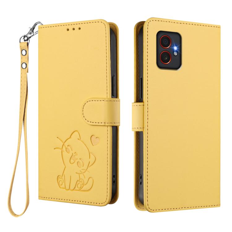 For Samsung Galaxy XCover7 Pro Embossed Heart Cat Leather Phone Case with Hand Strap