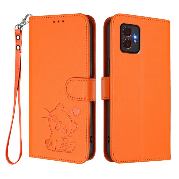 For Samsung Galaxy XCover7 Pro Embossed Heart Cat Leather Phone Case with Hand Strap
